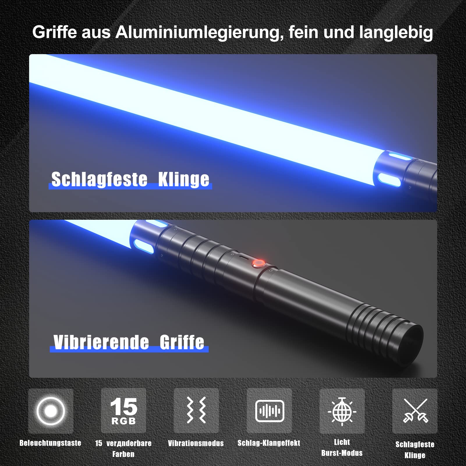Spada laser, 20 colori, spada laser con manici in metallo vibrante, spada laser a LED 2 in 1 con 3 modalità di suono, manico in metallo, batteria ricaricabile, modalità di burst (manico nero)