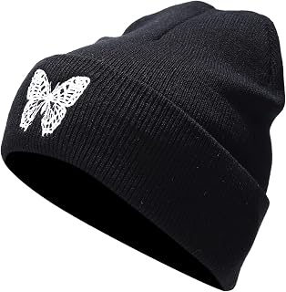Joylife Butterfly Embroidered Cuffed Beanie Hat Graphic Knitted Skull Cap Double Layer Winter Watch Hats for Women, Men