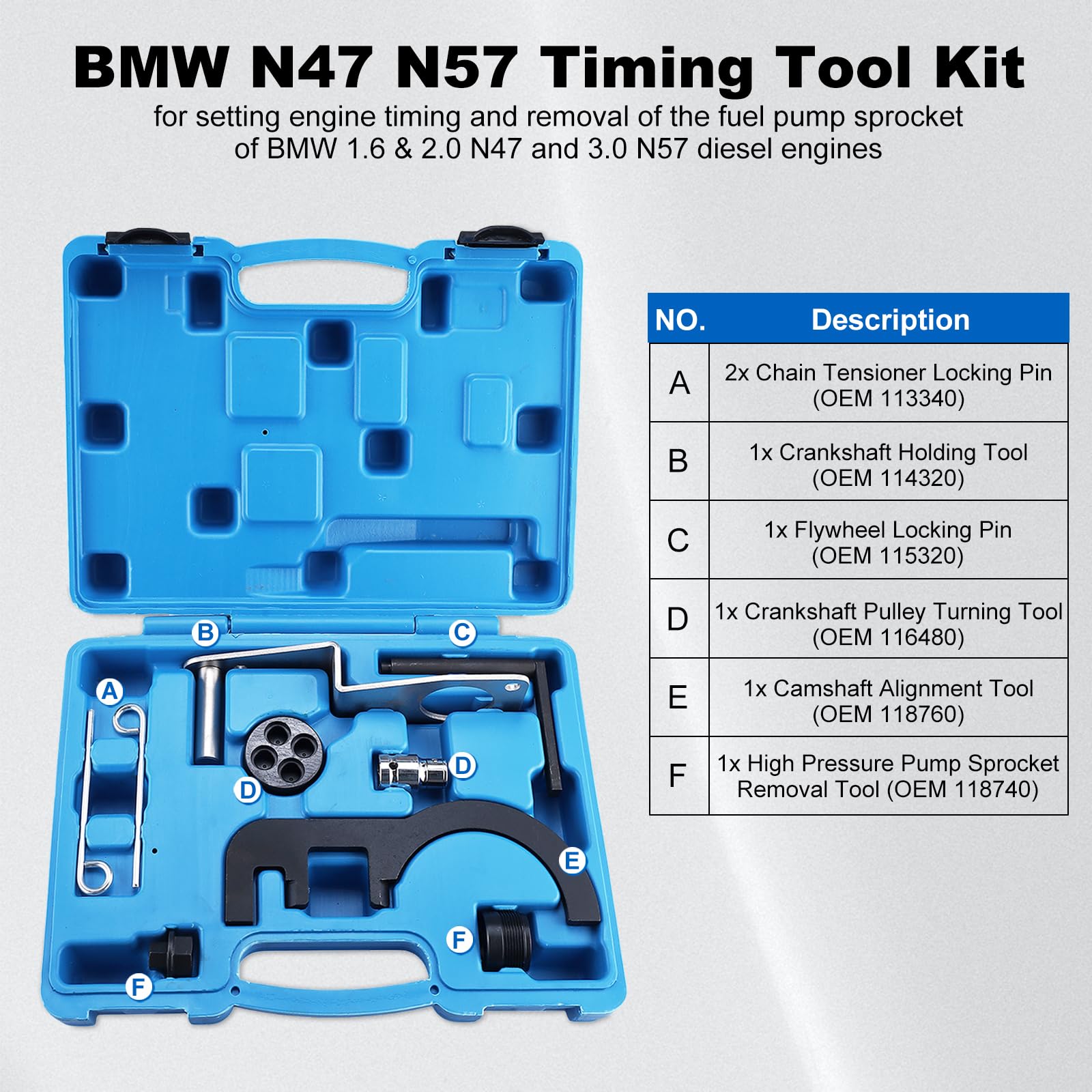 FreeTec 8pzs Kit Calado Distribución, Herramienta Cadena Distribución Motor Diésel, Utiles Calado Bloqueo Árboles de Levas Volante Motor Bomba de Combustible para BMW N47 N47S N57 N57S 320d 1.6 2.0