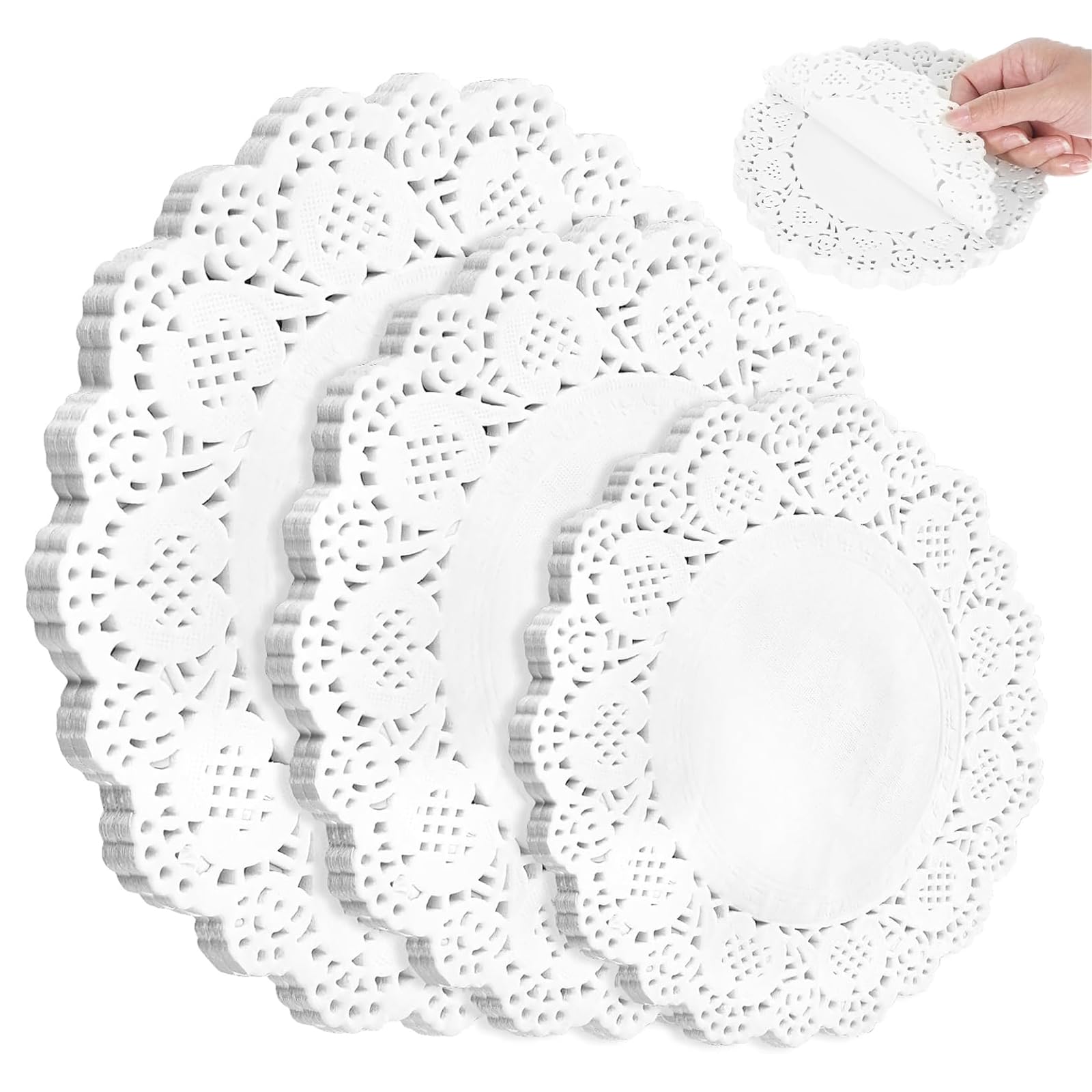 Dolaso 150 Pcs Paper Doilies - 3 Sizes, Doilies Lace Paper White Round for Buffet, Cake, Fried Food, Party, Wedding Tableware Decoration