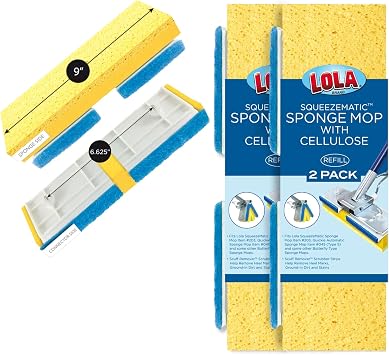 LOLA Cellulose SqueezeMatic Butterfly Sponge Mop Refill, 9", 2 Pack, Floor Cleaning, Comparable w/Quickie Type S Sponge Mop Refill