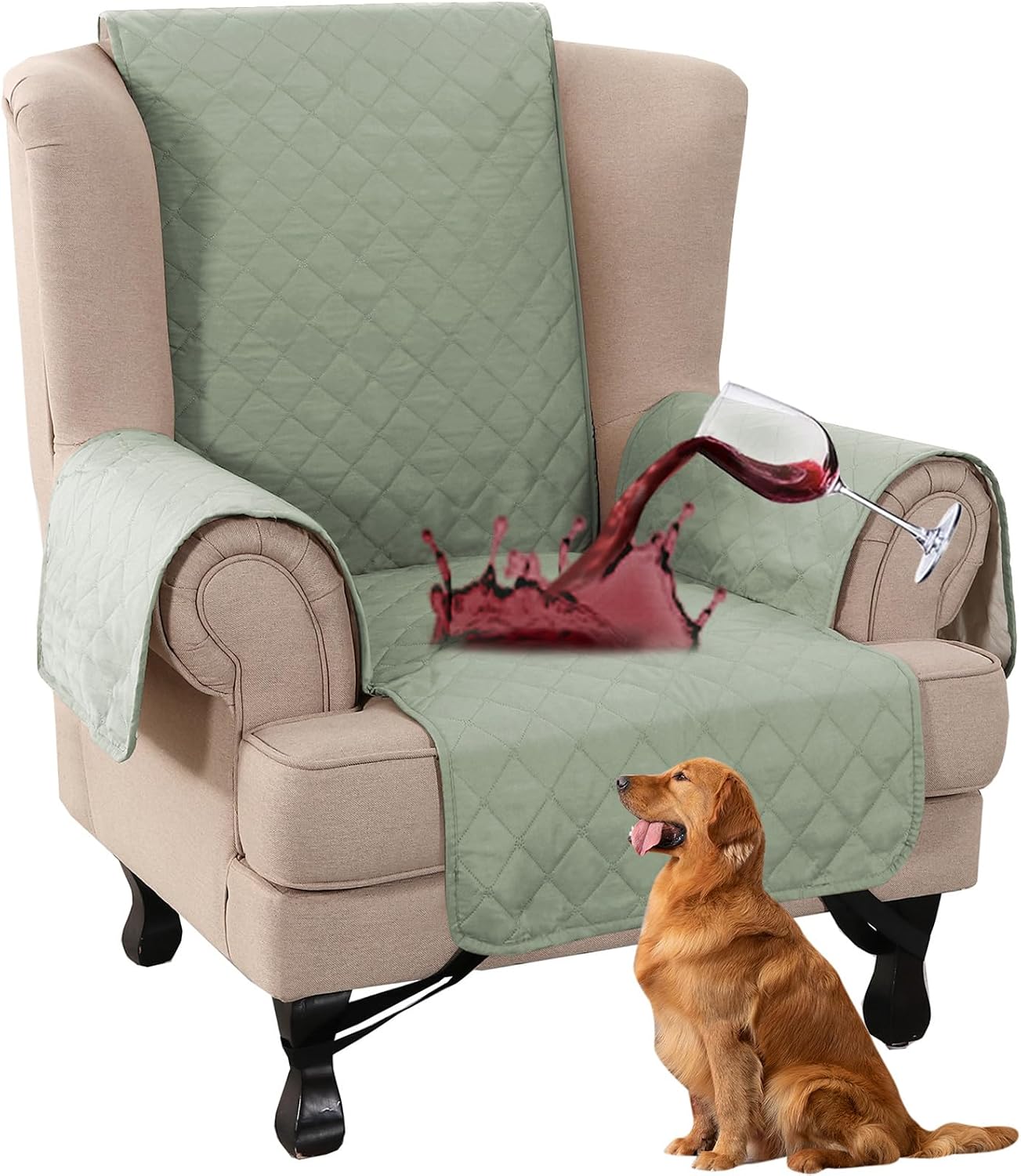 100% Waterproof Recliner Chair Cover with Elastic Non-Slip Strap Wing Armchair Slipcovers 1 Seat Thick Furniture Chair Protector for Pets/Kids (Sage)