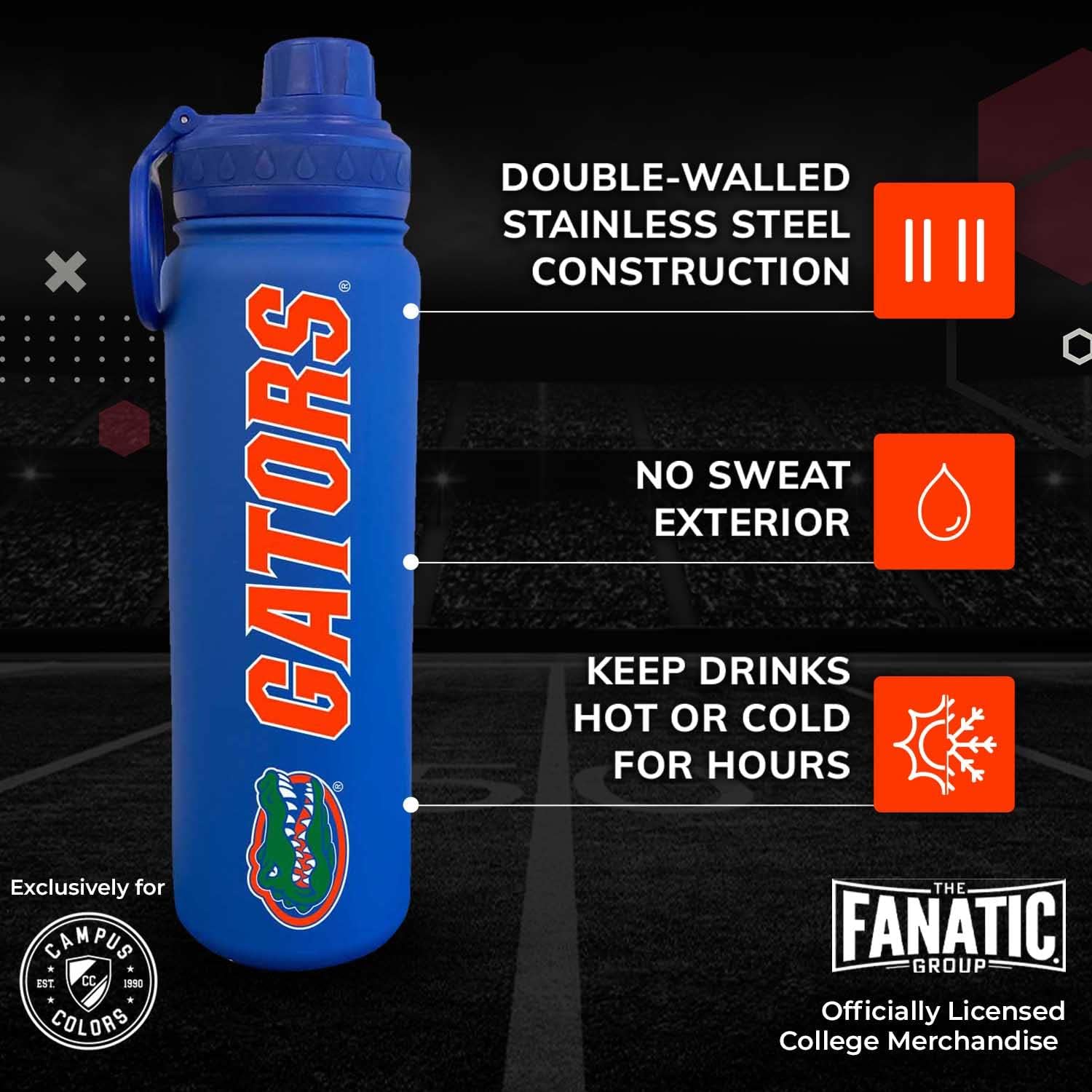 Campus Colors NCAA Stainless Steel Water Bottle - Twist on cap - 24 oz - Carry Clip - Keeps Your Drinks Hot or Cold for Hours (Florida Gators - Royal) - Image 2