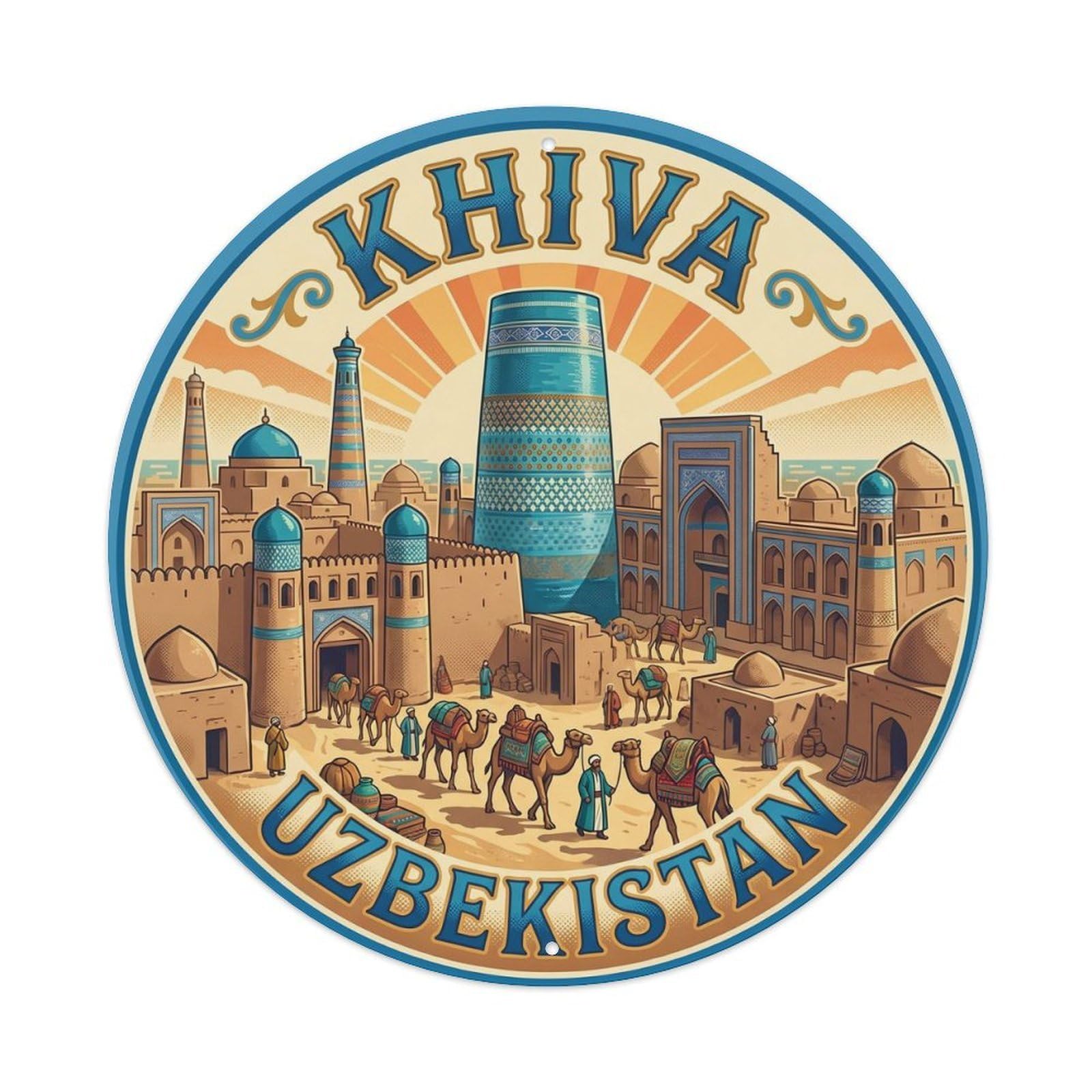 Vintage Travel Uzbekistan Khiva Walls Vintage Metal Tin Sign Plaque Wall Decor for Cafe, Club Bar, Office, Garden Metal Poster 8x8Inch