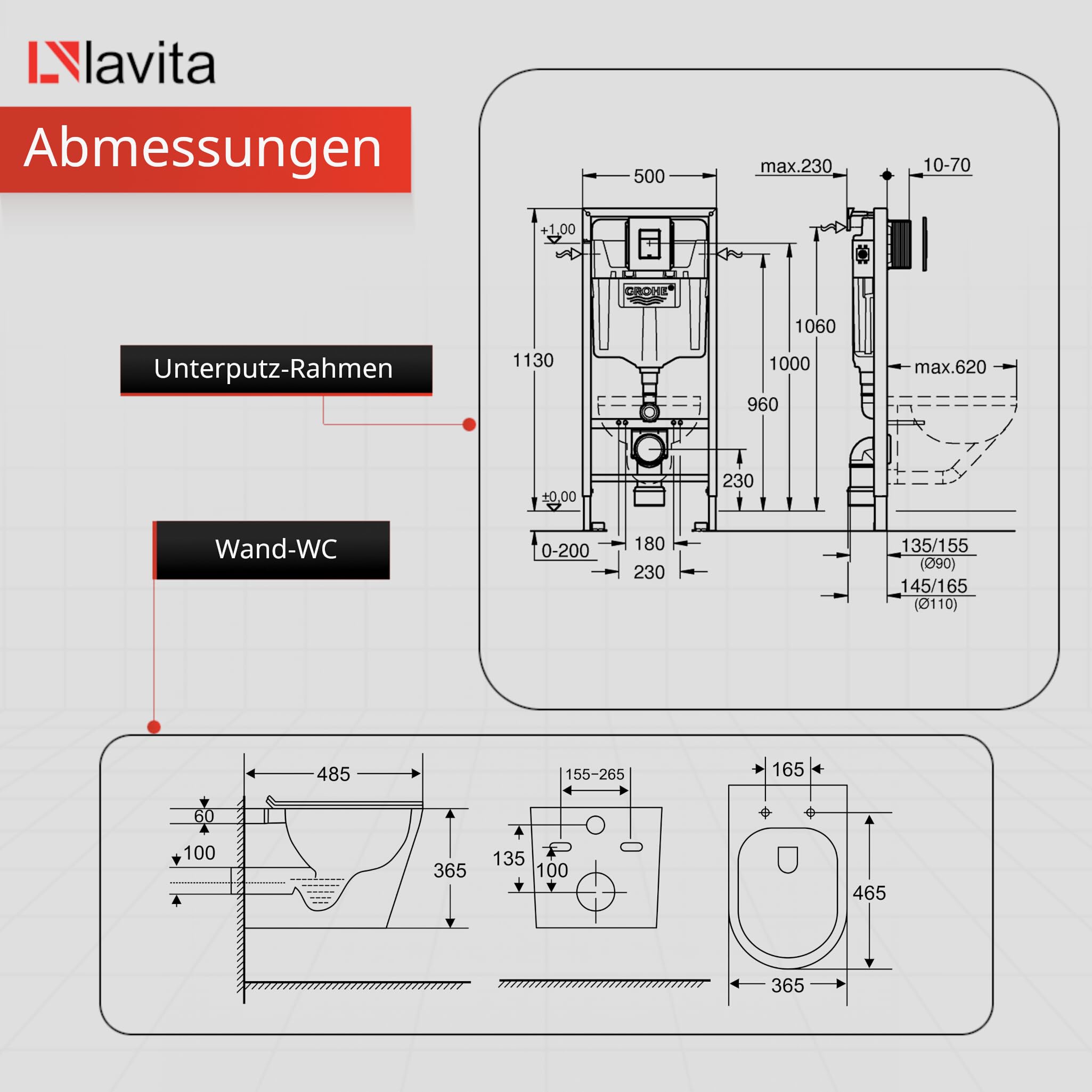 LAVITA Vorwandelement Solido Start + Wand Hänge WC Brava Weiß Spülrandlos + + WC Sitz mit Absenkautomatik Verchromter Knopf Komplettset Unterputz Spülkasten Toilette Komplett Sett WC