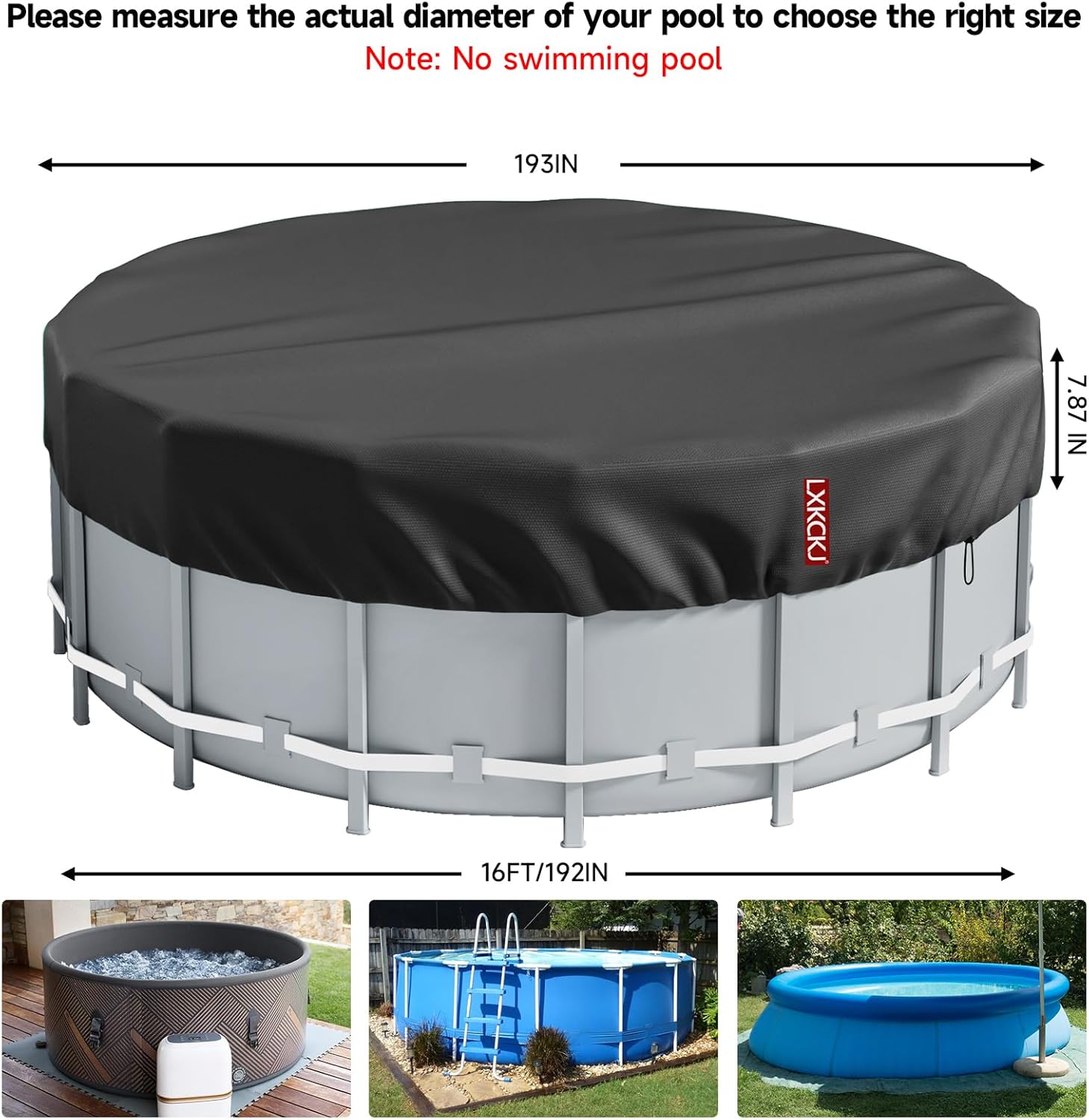 LXKCKJ 16 Ft Round Pool Cover, Solar Covers for Above Ground Pools, Inground Pool Cover Protector with Drawstring Design Increase Stability, Hot Tub Cover Ideal for Waterproof and Dustproof (Black)