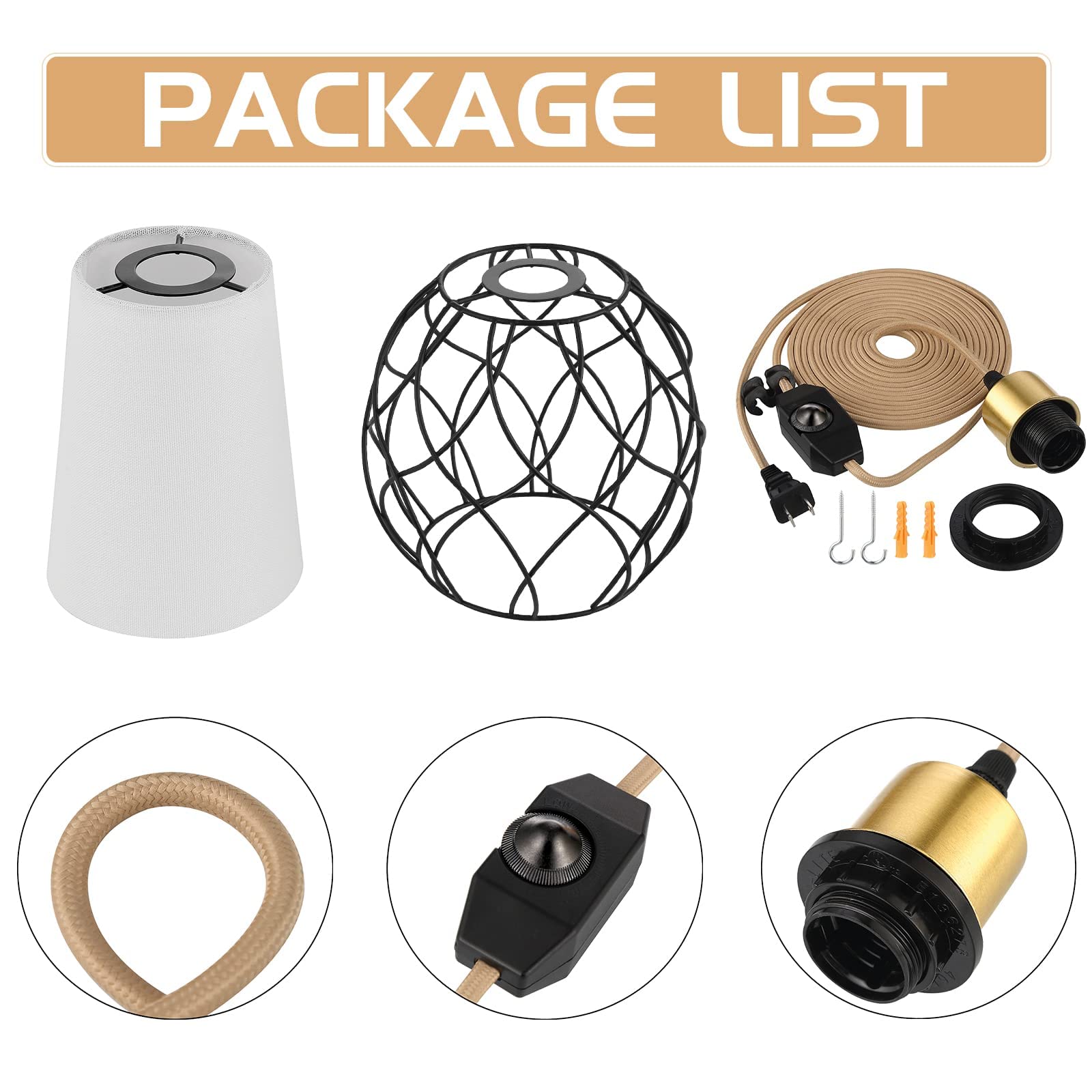 Plug in Pendant Light, Black Farmhouse Hanging Chandelier Lights with Linen Shade, 15ft Golden Cotton Cord, Industrail Ceiling Lamp with Dimmable Switch, for Kitchen Island Living Room (Bulb Included)