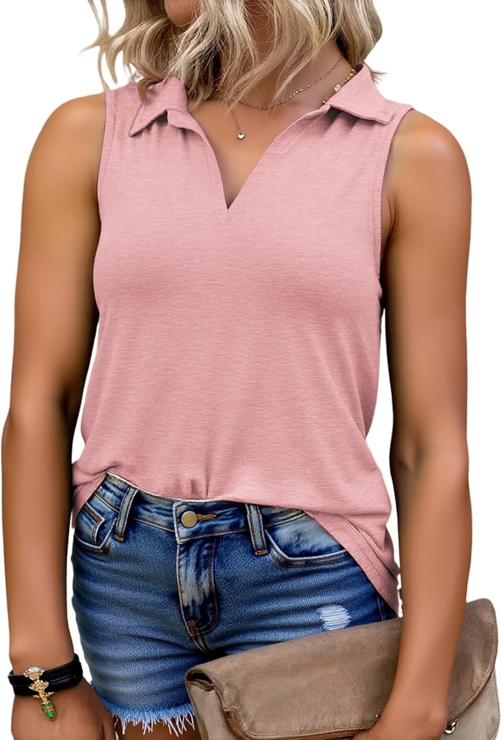 VOGRACE Plus-Size-Tank-Tops for Women Summer Collared V Neck Tunics Casual Flowy Sleeveless Polo Shirts Dressy Work Blouses - Image 2