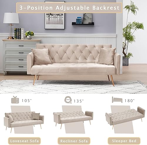 Miniatura 5 de KINFFICT Sofá cama futón de terciopelo con 2 almohadas, sofá cama convertible con respaldo ajustable de 3 ángulos, sofá biplaza moderno con 4 patas