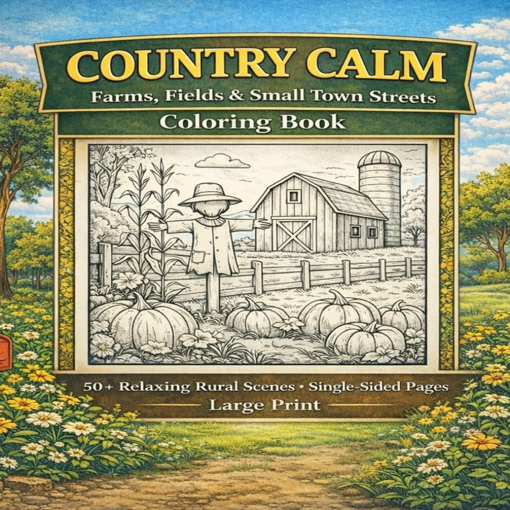 Country Calm: Farms, Fields & Small Town Streets Coloring Book: Adult Coloring Book Featuring Peaceful Country Roads, Farm Scenes & Small Town Life for Relaxation and Stress Relief