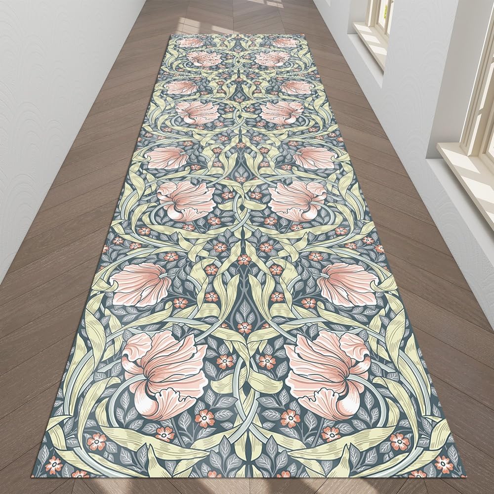 JUST BREATHE Large Runner Rug 2'8"x6'6" Washable Rug Oriental William Morris Floral Area Rugs Runner Non Slip Entryway Rug Indoor Long Floor Rug for Bedroom Kitchen Living Room Bathroom Grey Pink Grey Pink 2'8"x6'6"