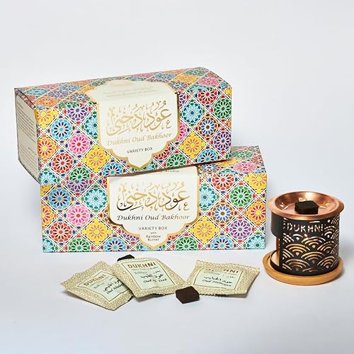 Oud Bakhoor caja variada con quemador y caja de recarga por Dukhni Juego de 2 Auténtico incienso árabe Bakhoor Set de regalo y kit de inicio