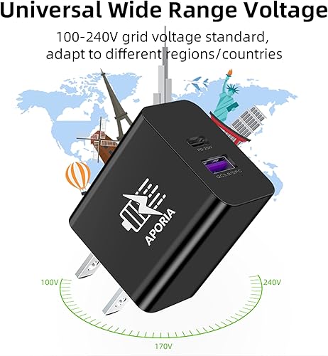 Miniatura 5 de Aporia - Cargador de pared tipo C y USB A de 20 W de 2 puertos con puerto QC 3.0/SCP USB-A y PD USB-C con carga rápida Entrega de energía | 100-240
