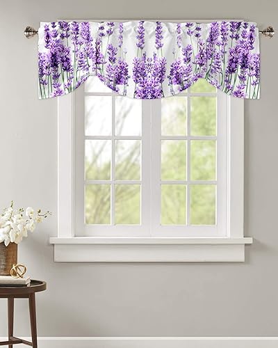Cenefa de amarre de lavanda púrpura pastoral para ventanas de cocina, cenefas florales de primavera de 42 x 12 pulgadas, 1 panel de cortinas cortas