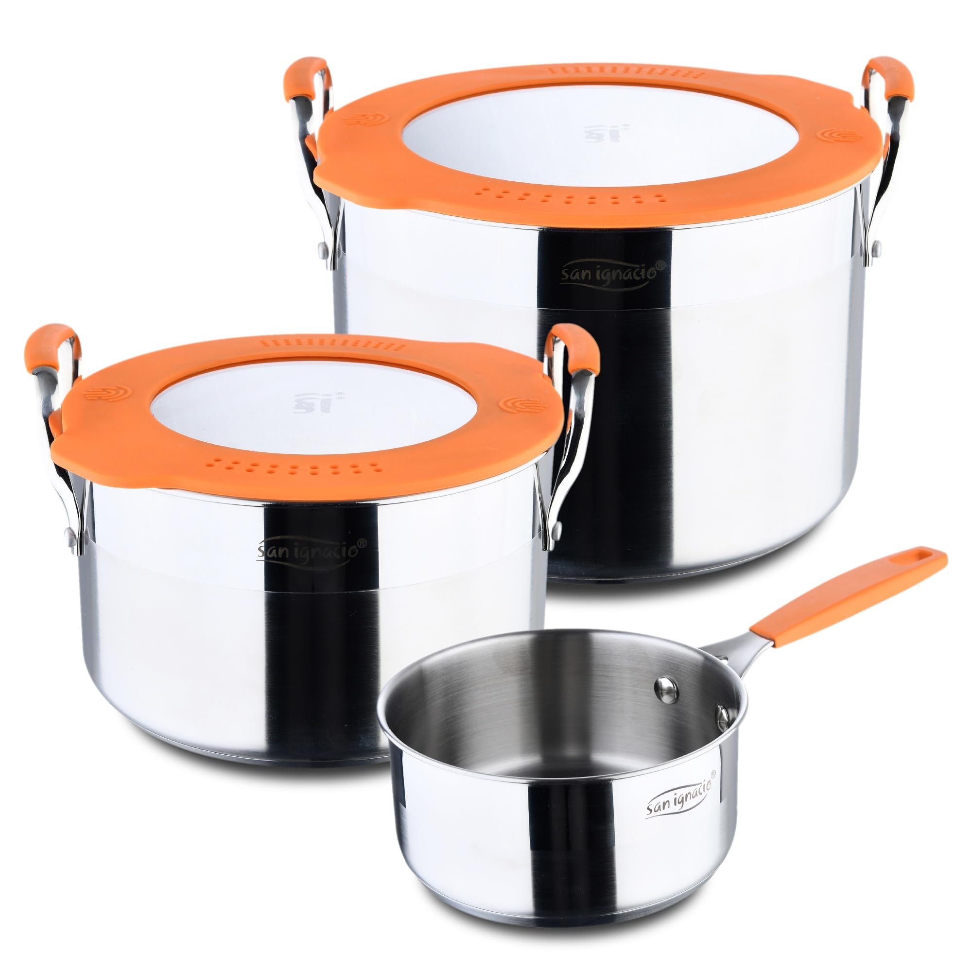 SAN IGNACIO Juego compacto de ollas de acero inoxidable, 5 piezas, incluye 2 ollas de 20 y 24 cm y 1 cacerola