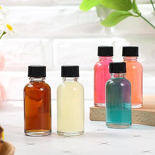 Miniatura 7 de Hsei 48 botellas de vidrio de 1 onza con tapa negra, muestra transparente, botella redonda Boston pequeños recipientes de vidrio con tapas, botellas