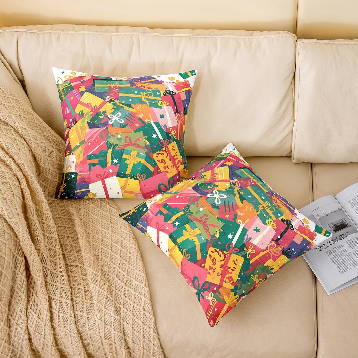 Homewish Set di 4 federe per cuscini natalizi per bambini, ragazzi e ragazze, con scritta "Happy New Year", colorate, regalo di Natale, per divano, 45,7 x 45,7 cm