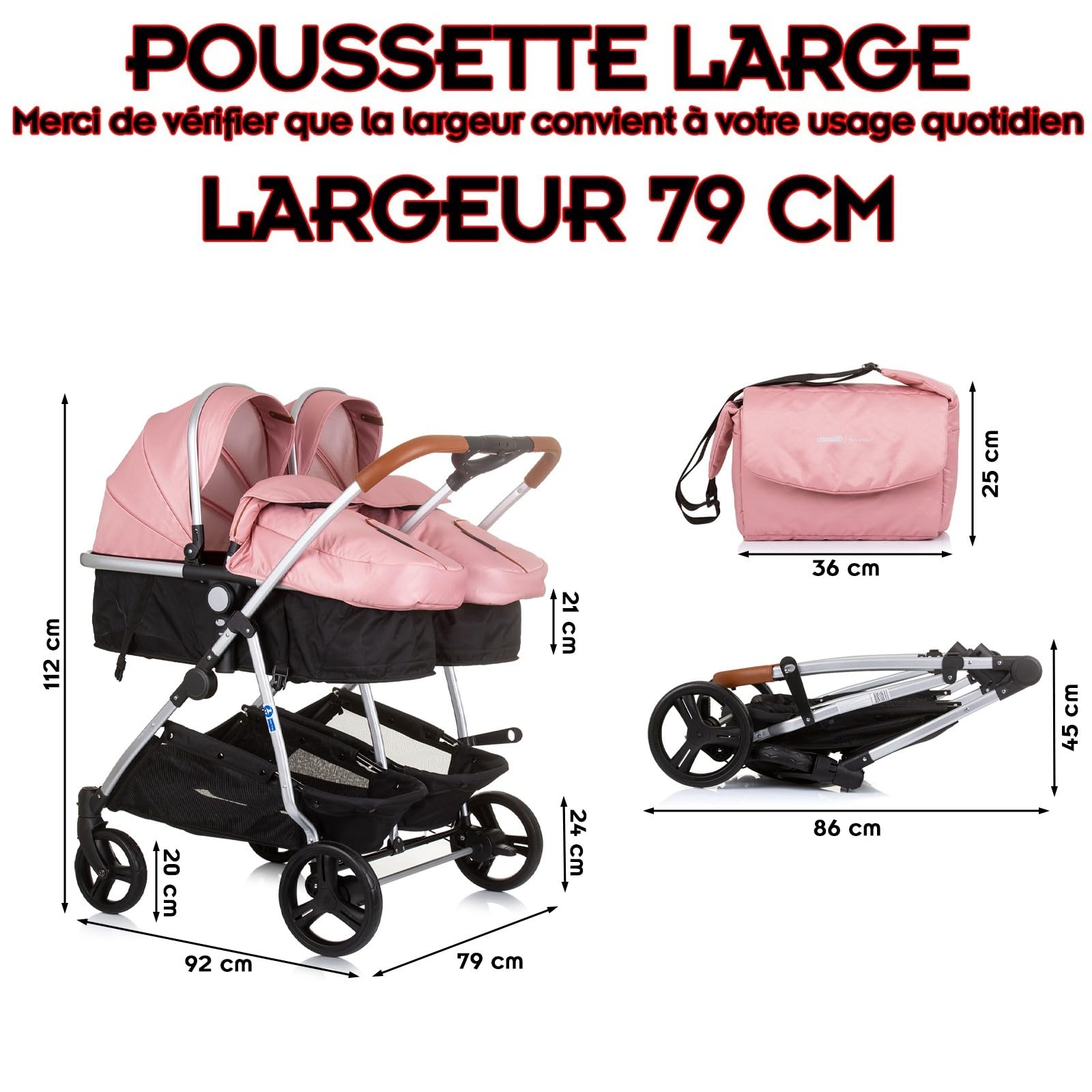 DUO SMART Poussette jumeaux ou enfants rapprochés largeur 79 cm Flamant rose sans cosy