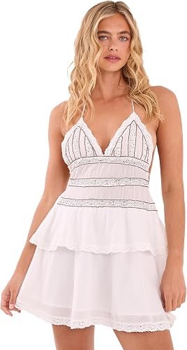 Nasty Gal Cotton Voile Studded Lace Trim Tiered Mini Dress White