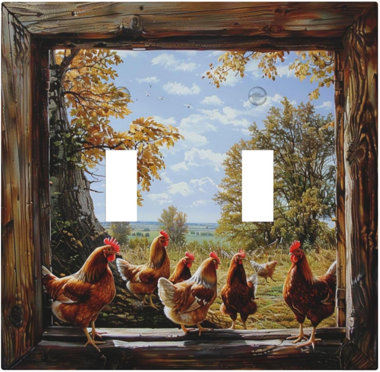 Decorative Switch Covers Plate Wooden Window Rooster Rural Scenery 2 Gang Wall Plate Oversized Double Toggle Light Switch Plate Wall Cover Plate Faceplate for Bedroom Home Decor