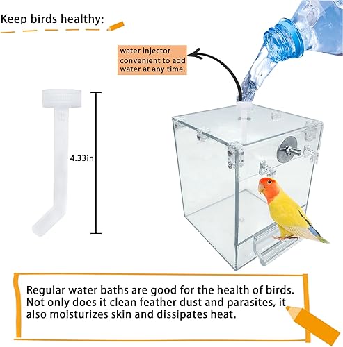 Miniatura 7 de kathson Caja de baño acrílica para pájaros, tina transparente sin fugas para jaula, tubo colgante, caja de ducha, accesorio con inyector de agua,