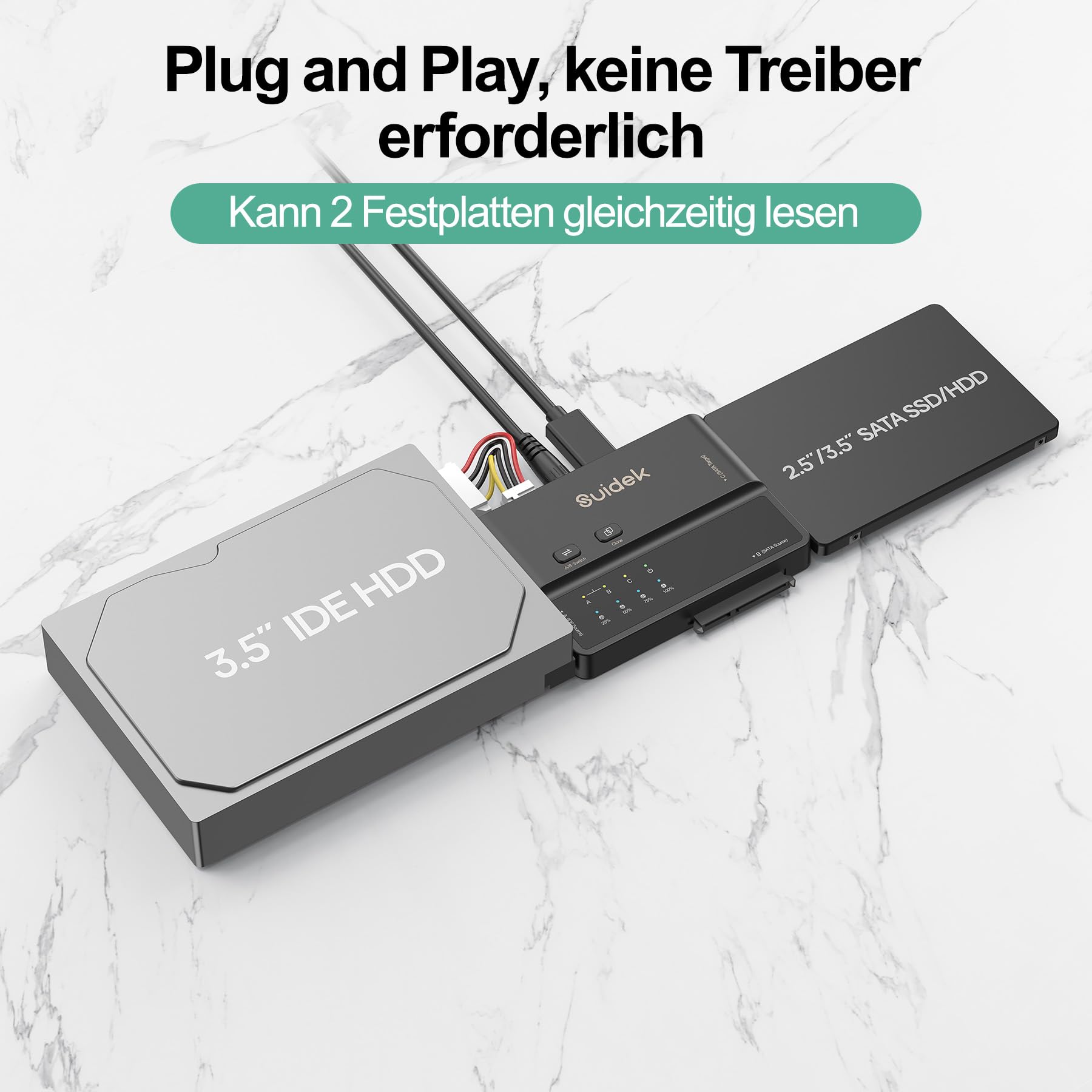 SUIDEK USB 3.0 auf IDE und SATA Adapter, Type-C Externer Festplattenleser Konverter mit 5 Gbps für 2,5"/3,5" SATA HDDs, SSDs und 3,5" IDE HDDs mit Offline Klonfunktion, Inklusive 12V/2A Netzteil