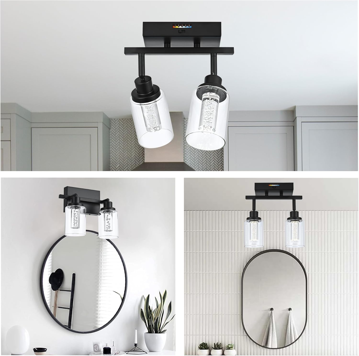 MELUCEE 2 Lights LED Tracking Light Ceiling Kitchen Ceiling Light Fixtures Rotatable Spotlight Black Bathroom Vanity Lights Wall Mounted Lamp with Clear Glass, Built-in LED Chips, 5-Color Temperature