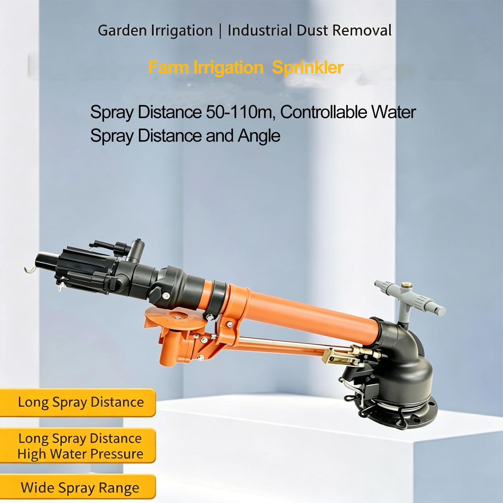 Aspersor de impacto para riego de granja, juego de 4 aspersores, elevación ajustable de 0 a 48 °, rotación de 360°, rango de 50 a 110 m, ideal para agricultura, césped y huerto