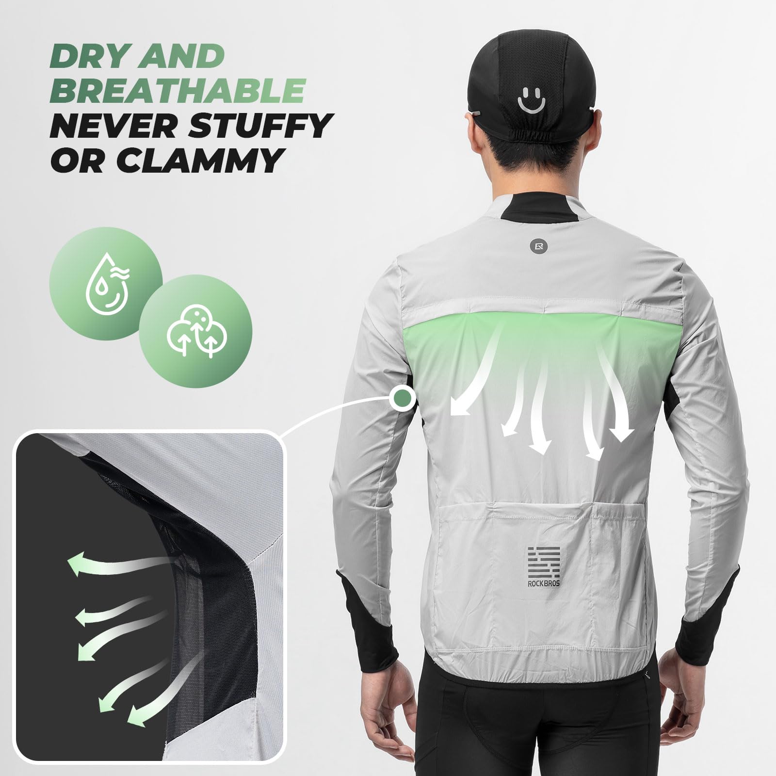 ROCKBROS Chaqueta Cortavientos Ciclismo para Hombre, Ropa Deportiva Transpirable Ligera con Bolsillos para Senderismo Exteriores al Aire Libre, Gris