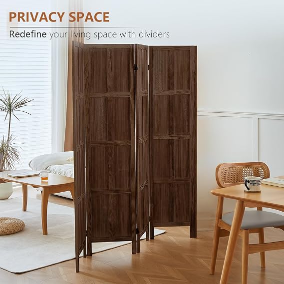 4 Panel Wooden Room Divider, 5.6 FT Tall Room Divider Wall, Brown | Wooden Folding Privacy Screen, 4 Panel Room Partition for Apartments, Bedrooms, Small Spaces, No Assembly, Easy Storage