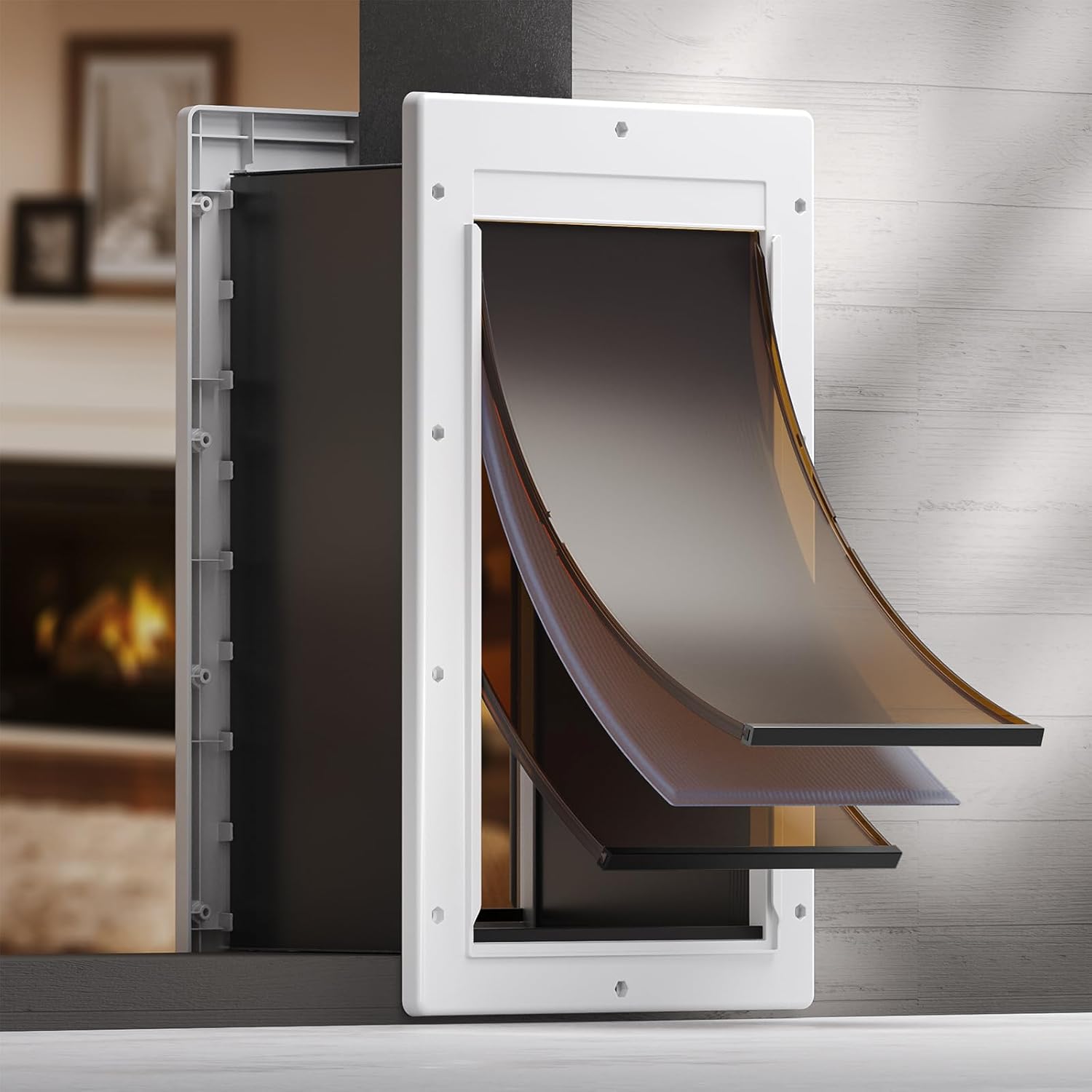 Dog Door 3 Flap, Plastic Dog Door for Wall, Large Doggy Door, Dogie Door for Interior & Exterior Walls, Magnetic Flaps, Insulation Flap, Closing Panel, Pet Door for Pets Up to 110lbs(Large)