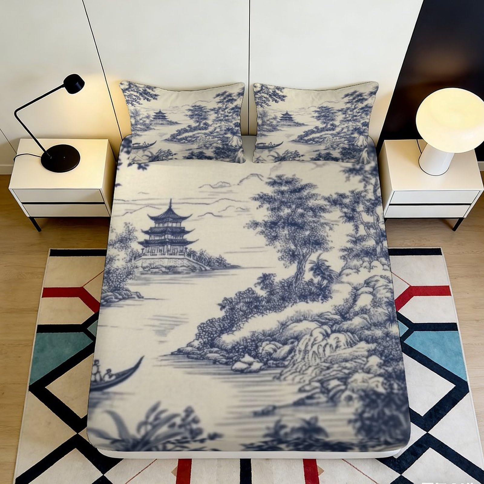 3D Printed Chinese Ink Landscape Fitted Sheet Microfiber Soft Elegant Blue White Pagoda Bed Cover for Bedroom Decor 90x200x25cm