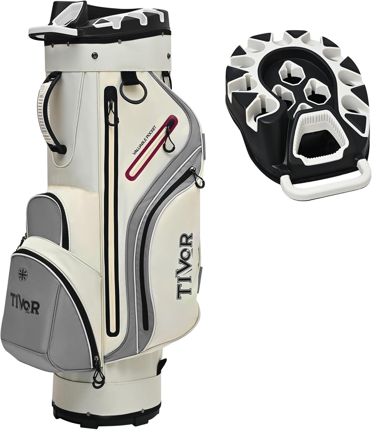 2026 T-Lock Golf Cart Bag, 14-Way Full-Length Dividers, 9 Pockets, Easy-Access Handle, Ergonomic Straps, Rain Cover, for Cart and Walking, White & Gray