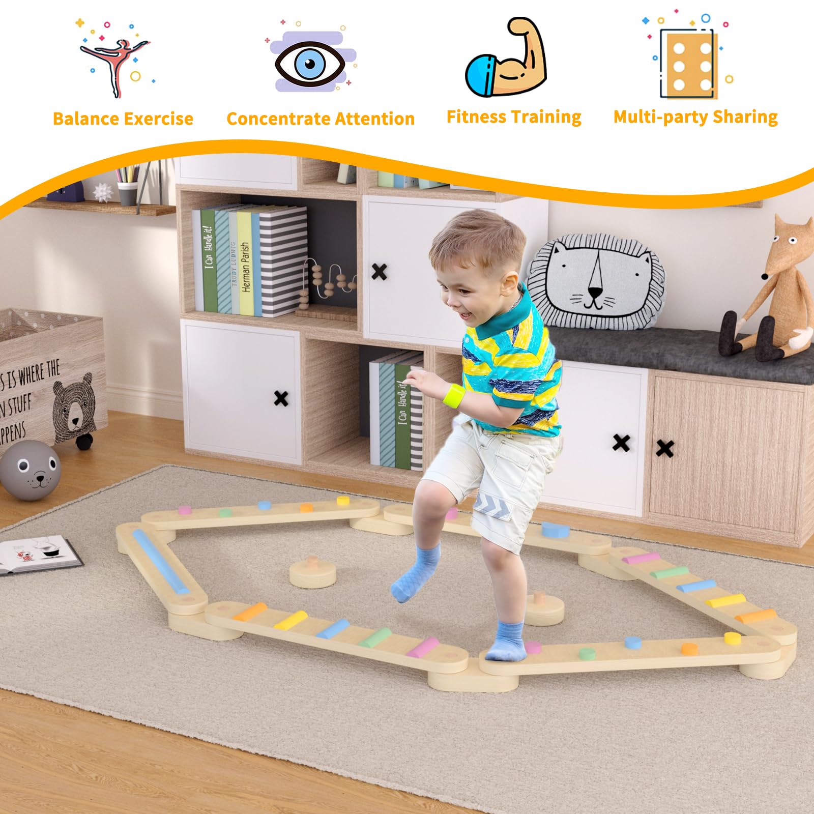 KORIMEFA Poutre D'équilibre en Bois pour Enfants Jouets Montessori D'entraînement D'équilibre Intérieur et Extérieur pour Enfants de 3 Ans+