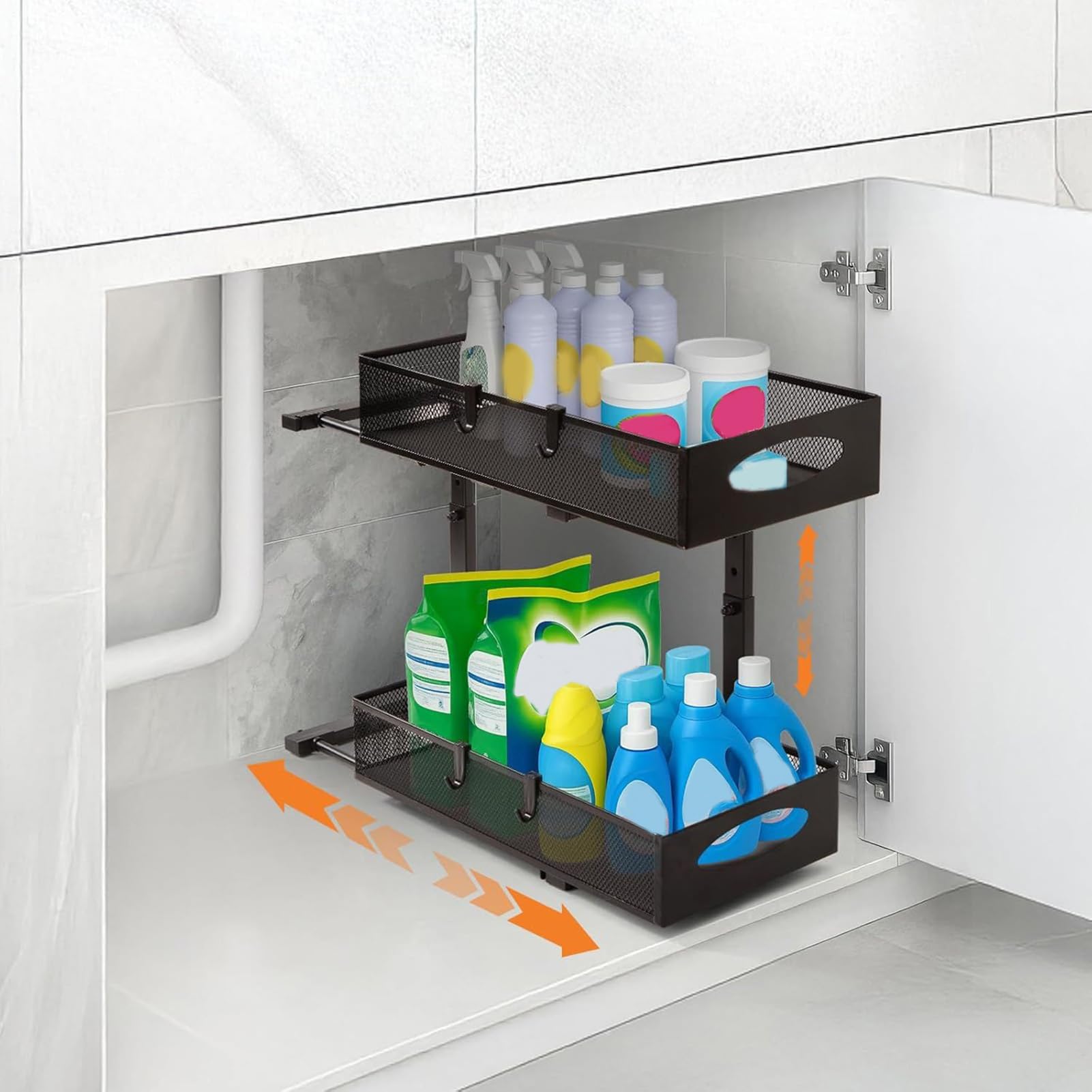 Unterbecken-Organizer, 2-stöckiges Aufbewahrungsregal, 50 x 39,8 x 20,5 cm, höhenverstellbares Regal, platzsparendes Design, Haushalts-Organizer, für Küche, Speisekammer, Schrank, Badezimmer