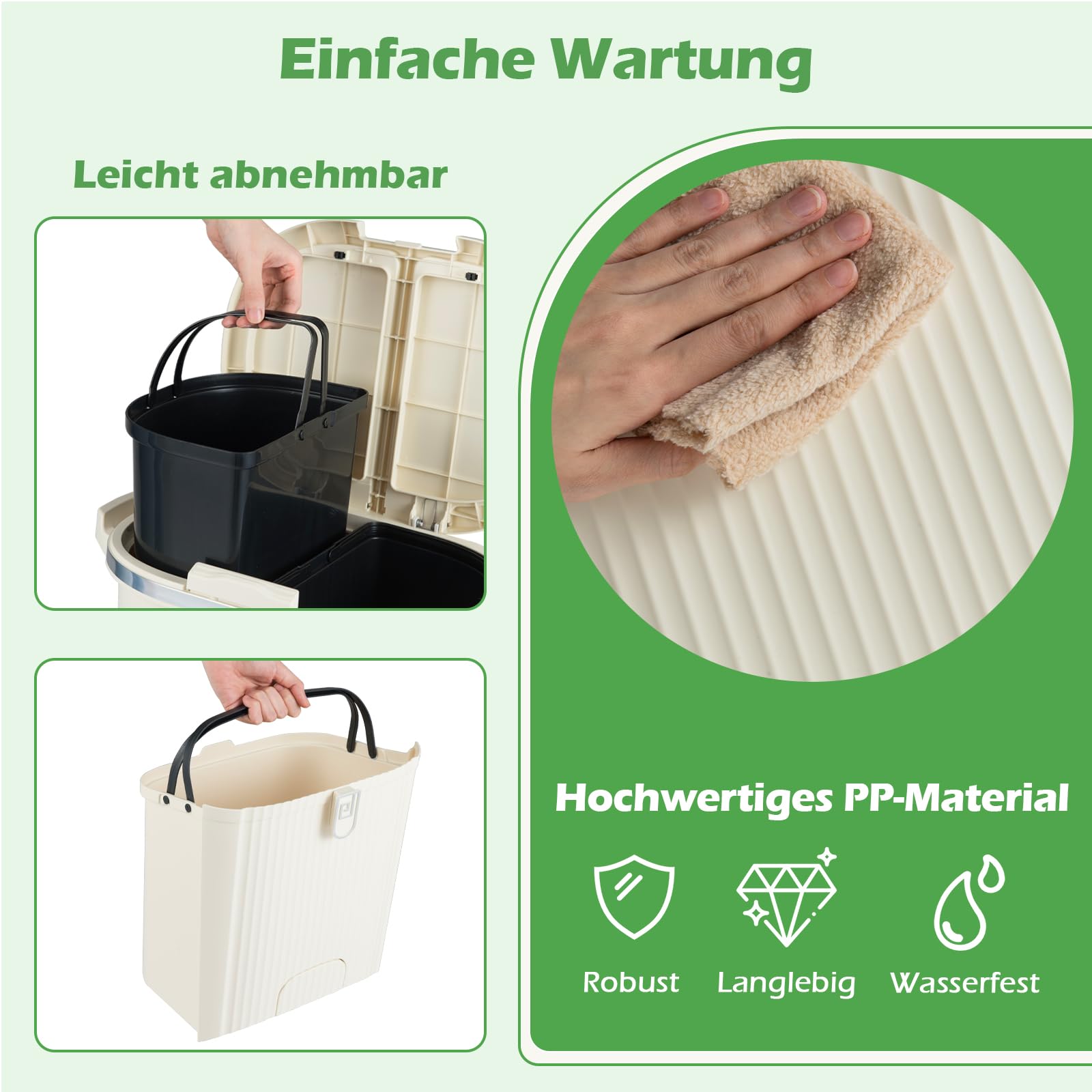 COSTWAY Mülleimer Küche, Mülltrennsystem 3 Fächer, 2 x 12L Inneneimer & 14L Treteimer, Abfalleimer mit Rollen, Doppeldeckel, Pedal & Haken, Tretmülleimer Abfallsammler für Küche, Bad, Büro (Beige)