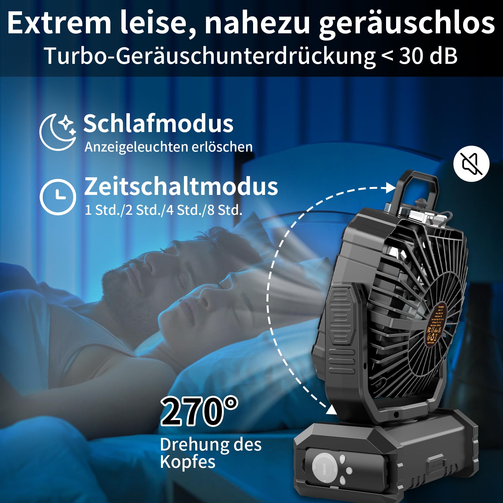 Camping Ventilator 20000mAh, Wiederaufladbarer Tischventilator USB Ventilator mit LED Licht & Haken, 270° Drehung mit Fernbedienung, Misting Fan für Outdoor, Zelt, Grillen, Strand - Schwarz