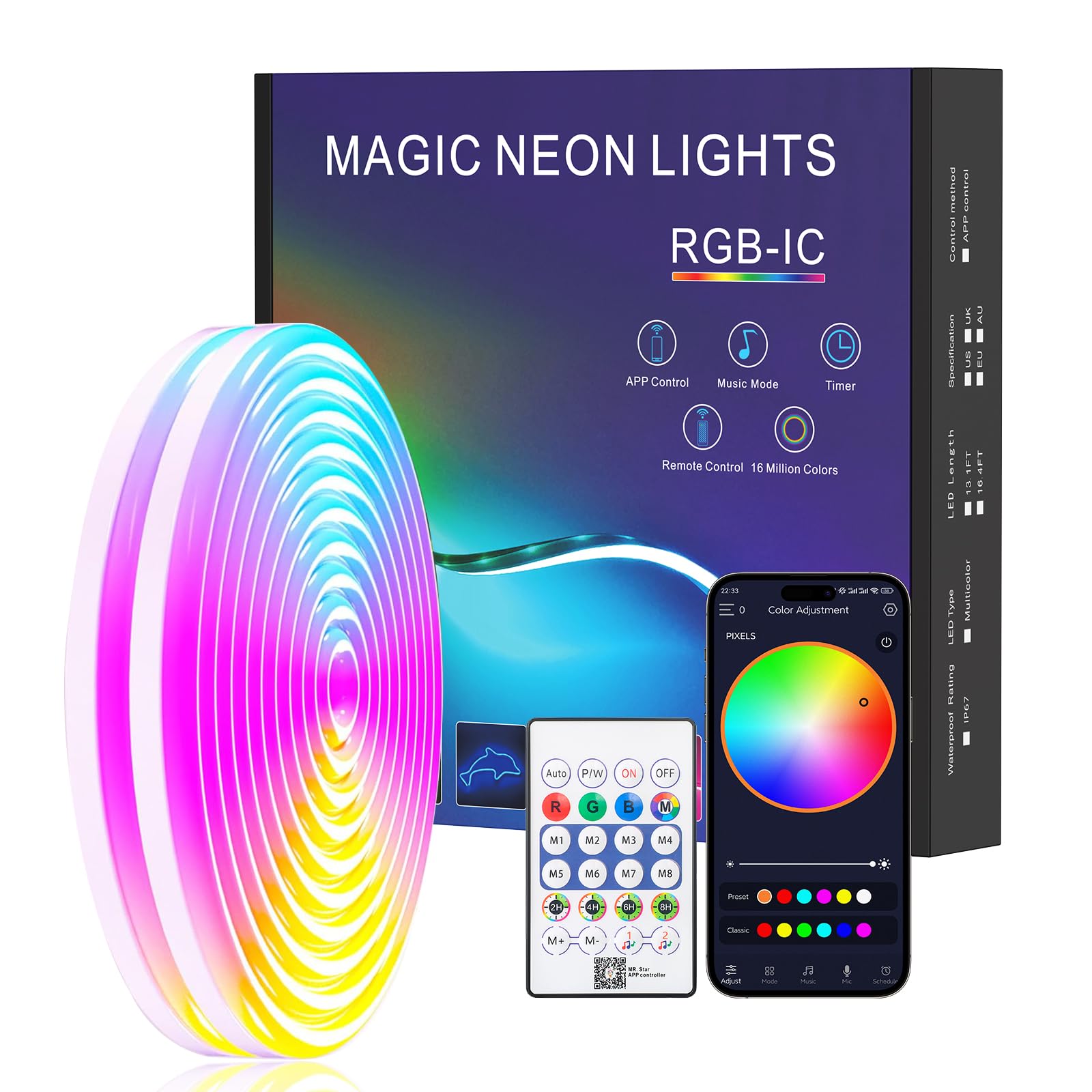 Neon LED Strip 3m, Silicone RGBIC LED Strip, with Remote Control via App, Music Sync, Neon LED Light Strip for Living Room, Bedroom, Wall, Gaming Decoration - 3 m