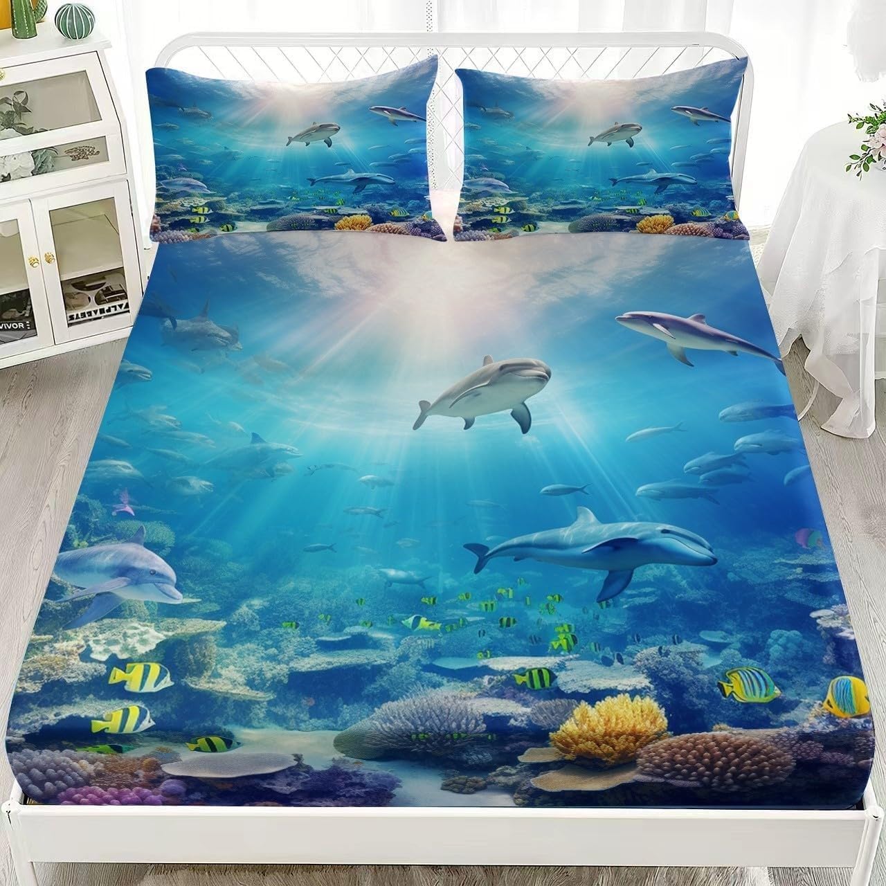 Dolphin Small Double Fitted Sheet Ocean Bed Sheets Deep Pocket 12 inch (30 cm) Soft Cozy 3 Piece Microfibre Bed Sheet 120x190 cm with 2 Pillowcases 50x75 cm