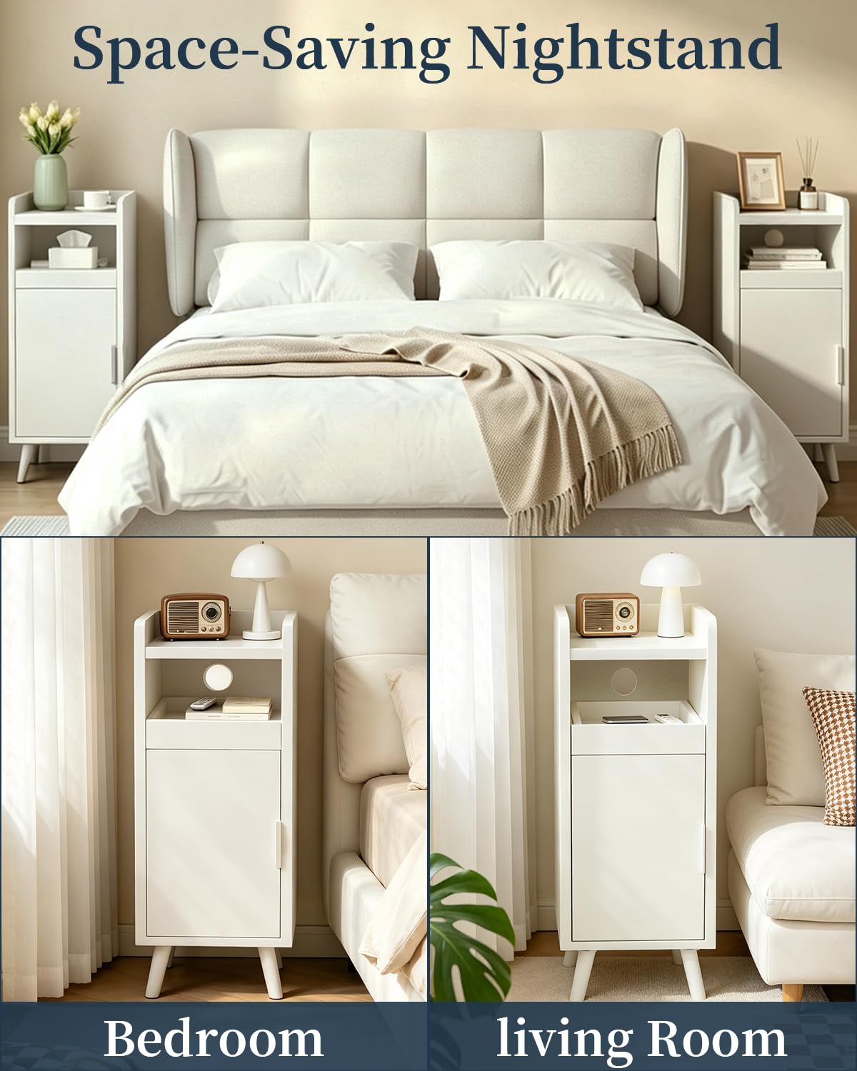 Mesita de noche de 2 plazas de noche estrechas, pequeñas con cajón y puerta, mesita de noche, gestión de cables, mesa auxiliar, ahorro de espacio para sala de estar, dormitorio, 25 x 30 x 61