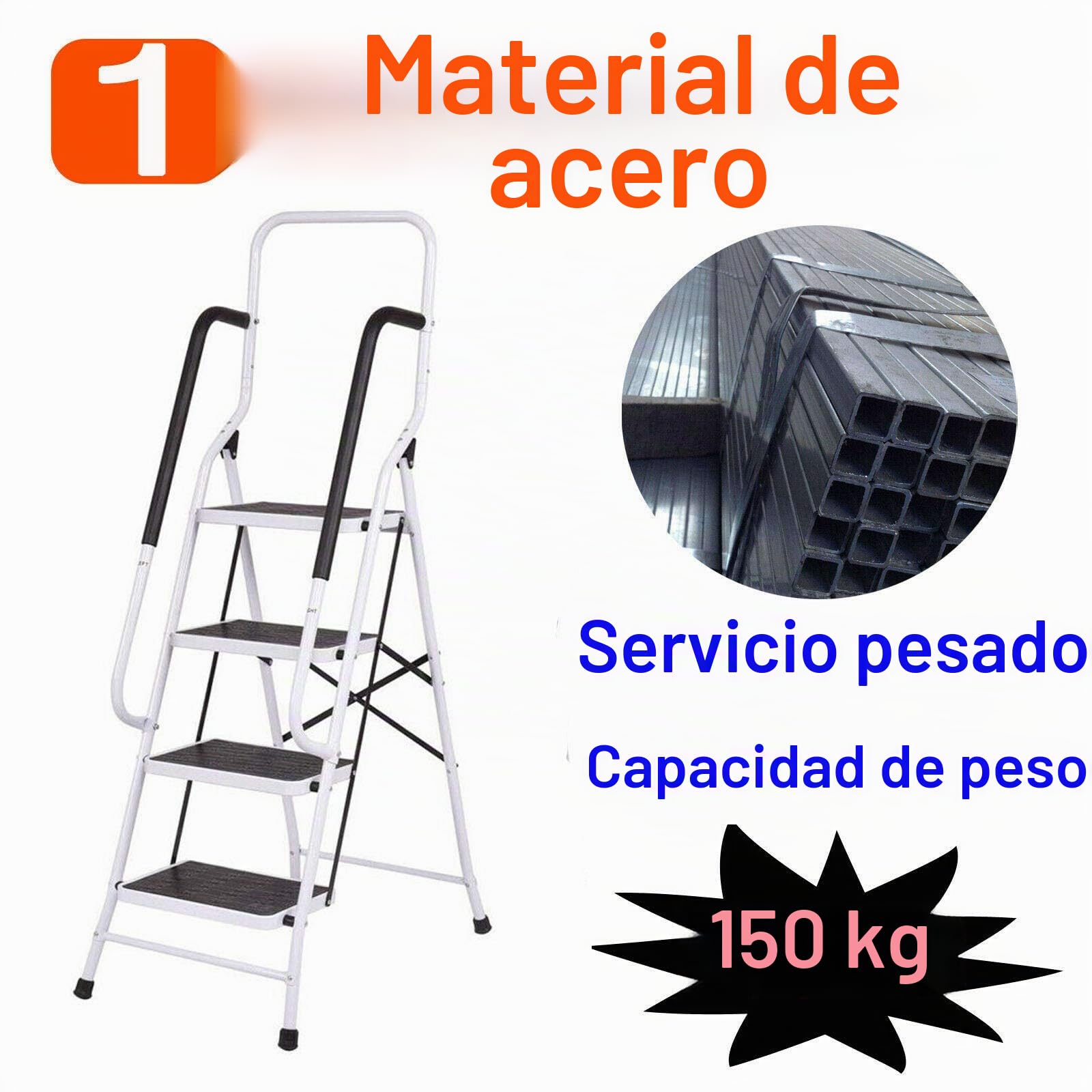 Escalera de 4 peldaños con barandilla, plegable con seguridad, fácil de almacenar, soporta hasta 150 kg, EN131
