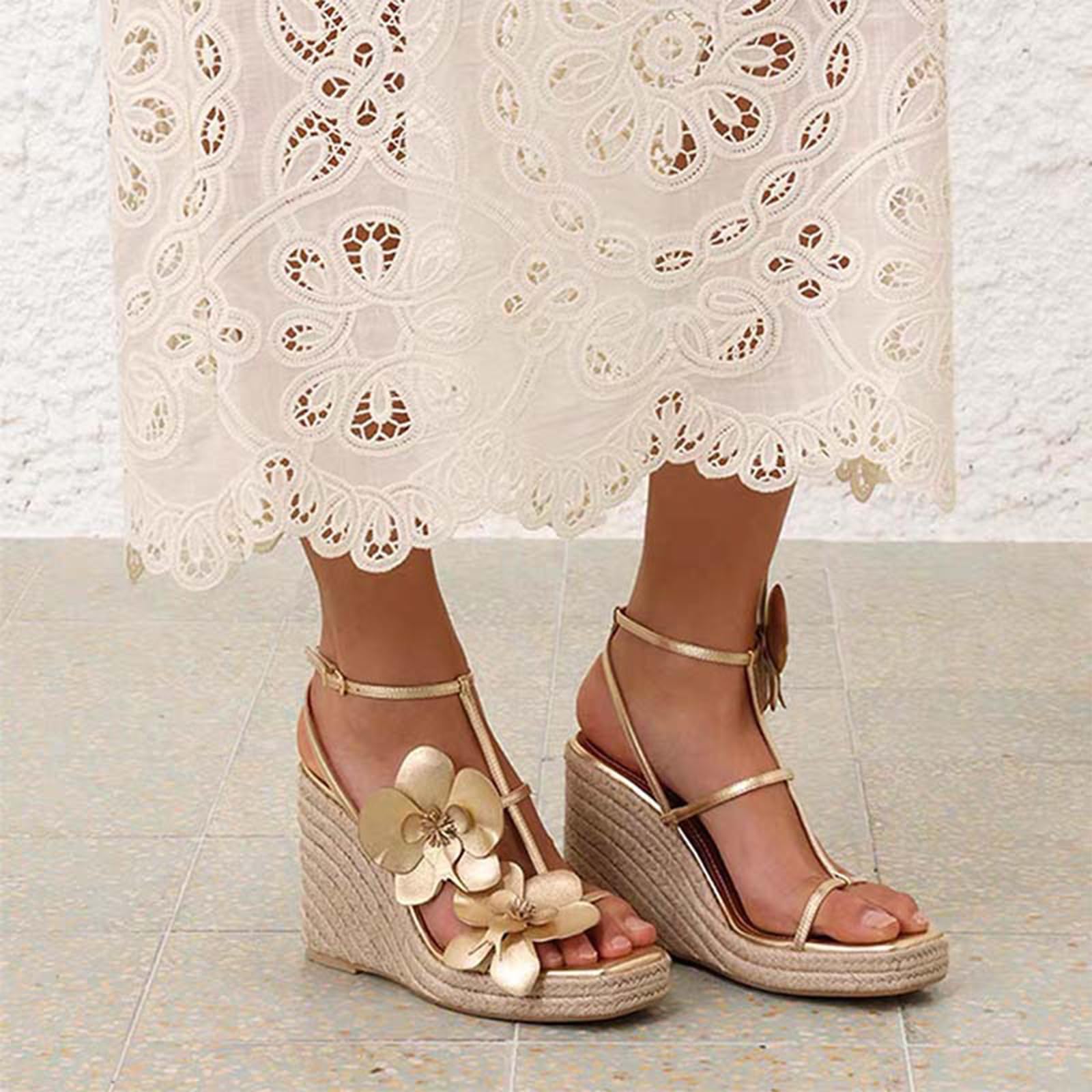 Sandalias de cuña punta cuadrada mujer diseño esparto plataforma suela gruesa detalle floral tira tobillo hebilla ajustable viaje vacaciones compras diarias