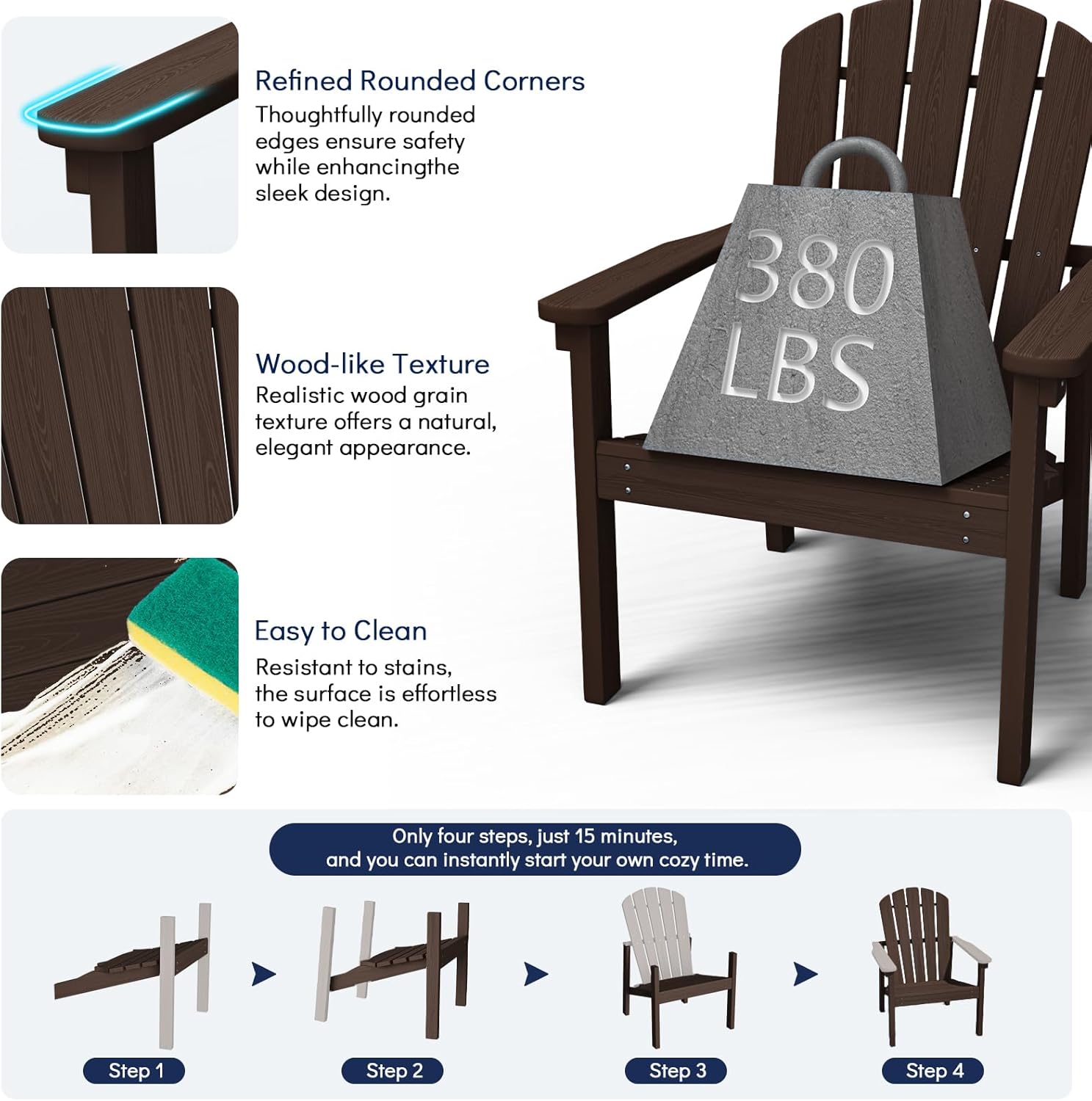 nevilywood Compact Stackable Adirondack Chairs Set of 4, 26.3" Wide HDPE Outdoor Patio Chairs - Durable, Space-Saving Design for Porch, Lawn or Garden, Coffee