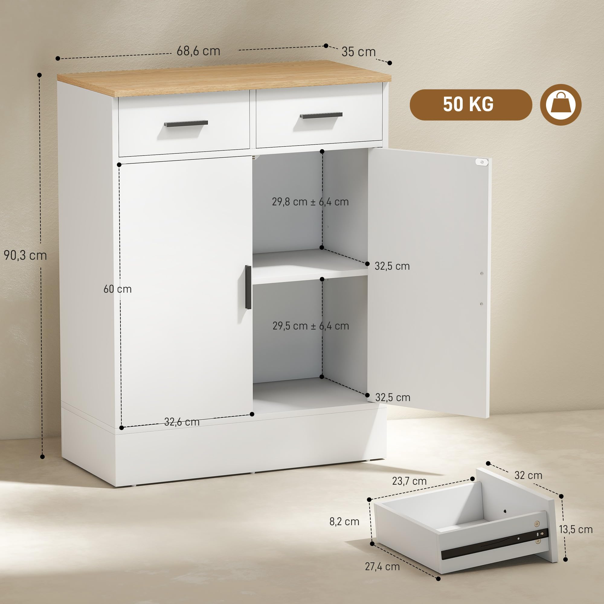 HOMCOM Aparador de 2 Puertas, Aparador de Salón con 2 Cajones y Estantes Ajustables, para Cocina, Entrada, Dormitorio, Blanco y Natural, 68,6x35x90,3 cm