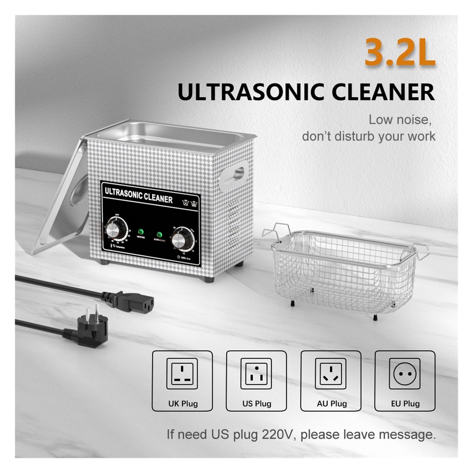 Baño Limpiador Ultrasónico 3.2L Plus 180W 40kHz con 3 Transductores Perilla Mecánica Control Calentador Temporizador | 3.2L-120W