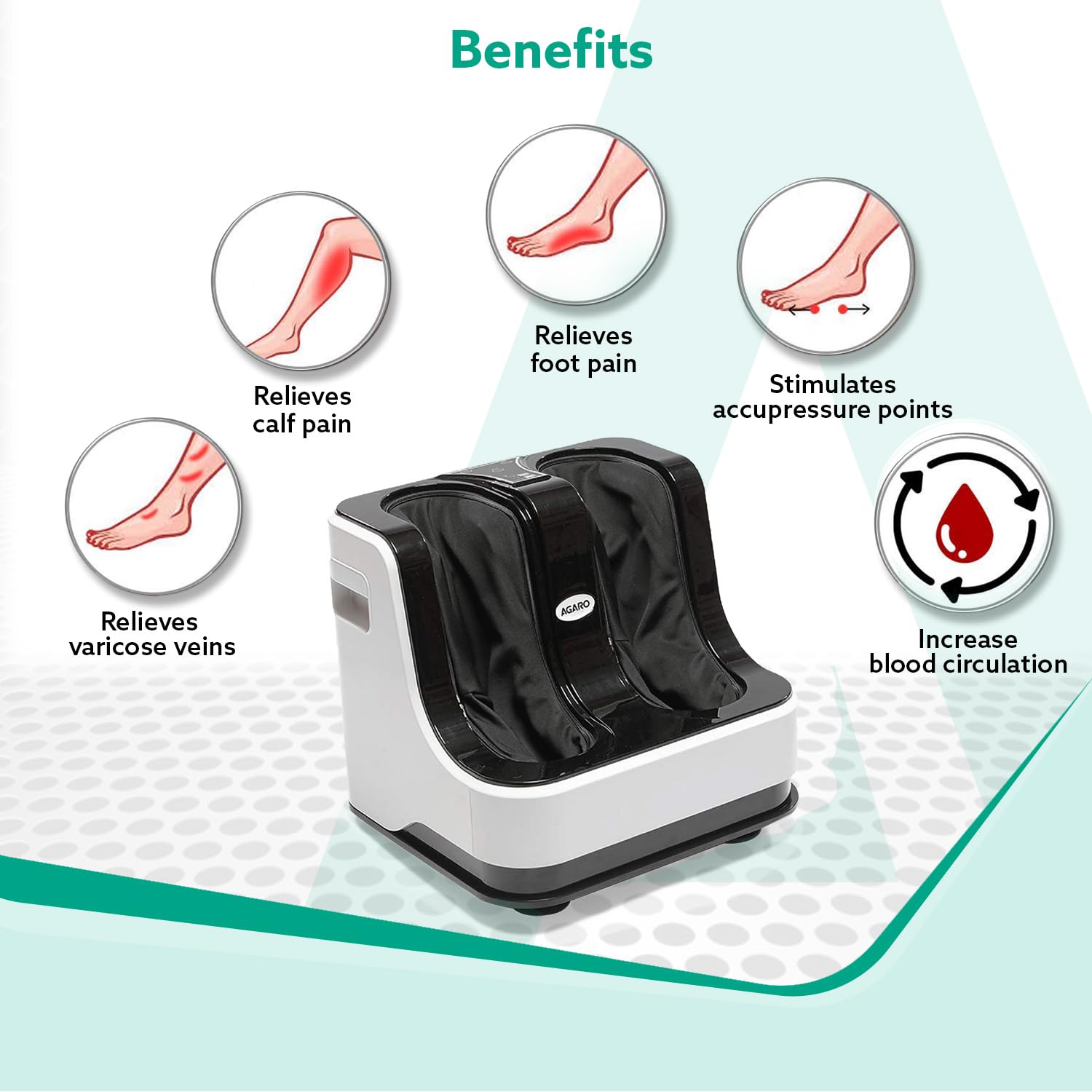AGARO Relaxing Foot & Calf Massager Machine with Rolling & Kneading Functions for Pain Relief & Improving Blood Circulation, Suitable Home Usage (White). AGARO Relaxing Foot & Calf Massager Machine with Rolling & Kneading Functions for Pain Relief & Improving Blood Circulation, Suitable Home Usage (White).