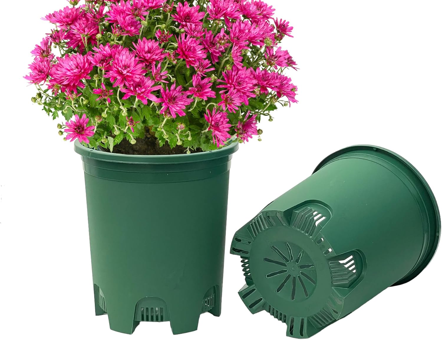 Paquete de 10 macetas verdes de plástico negro de 5 galones con drenaje para plantas grandes en interiores y exteriores