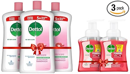 Dettol Liquid Handwash Refill Bottle - Skincare Moisturizing Hand Wash (Pack of 3-900ml each) & Dettol Foaming Handwash Pump - Strawberry (Pack of 2-250ml each)