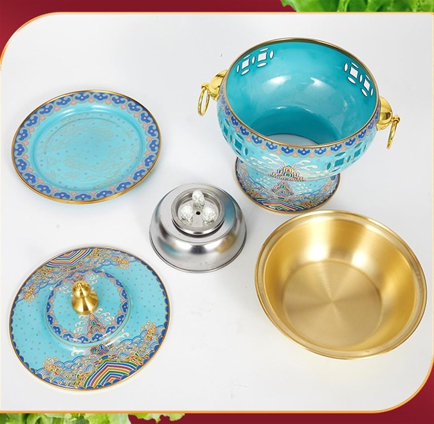 Copper hot Pot， Copper Enamel Hot Pot Vintage Alcohol Shabu Pot Traditional Soup Pot Cookware for Home Family Chinese Hot Pot,Blue-23 * 23cm(Yellow)