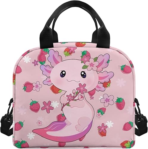 Miniatura 2 de Drydeepin Axolotl - Lonchera con bonito estampado de fresas para mujer, bolsas enfriadoras aisladas, a prueba de fugas, bolsas de almuerzo de gran